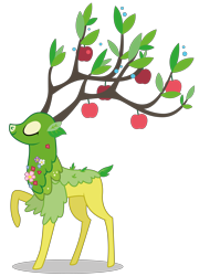 Size: 4145x5771 | Tagged: safe, alternate version, artist:dragonchaser123, the great seedling, deer, going to seed, alternate color palette, apple, branches for antlers, dryad, eyes closed, flower, food, male, raised hoof, simple background, solo, summer, transparent background, vector