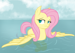 Size: 2667x1886 | Tagged: safe, artist:thehuskylord, fluttershy, pegasus, pony, cloud, cute, female, lake, mare, no pupils, outdoors, pegaduck, shyabetes, solo, spread wings, swimming, three quarter view, water, wings