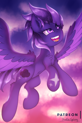 Size: 1500x2250 | Tagged: safe, artist:shad0w-galaxy, oc, oc:shadow galaxy, pegasus, pony, evening, female, flying, large wings, looking up, mare, open mouth, solo, wings