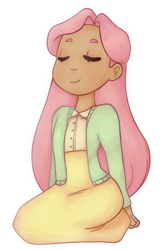 Size: 703x1080 | Tagged: safe, artist:pastelopal, fluttershy, human, alternate hairstyle, cardigan, clothes, cute, dark skin, eyes closed, female, fluttersquaw, humanized, long skirt, moderate dark skin, native american, shirt, shyabetes, simple background, skirt, solo, white background