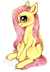 Size: 2005x2863 | Tagged: safe, artist:oksssid, fluttershy, pegasus, pony, cheek fluff, cute, ear fluff, female, flower, flower in hair, freckles, high res, mare, profile, shyabetes, simple background, sitting, solo, white background