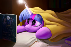 Size: 1500x988 | Tagged: safe, artist:foxpit, twilight sparkle, pony, bed, blanket, book, cozy, female, light spell, magic, mare, prone, reading, smiling, solo