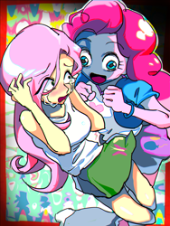 Size: 1500x2000 | Tagged: safe, artist:ceitama, fluttershy, pinkie pie, equestria girls, clothes, crying, implied nightmare, miniskirt, scared, skirt, teary eyes