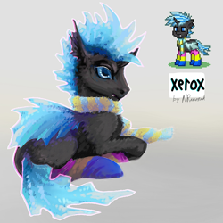 Size: 1080x1080 | Tagged: safe, artist:nranorak, oc, oc only, oc:xerox, changeling, blue changeling, clothes, fangs, lying down, male, pony town, scarf, simple background, socks, solo, striped socks