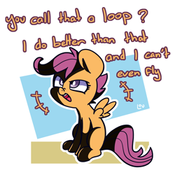 Size: 1500x1500 | Tagged: safe, artist:lou, scootaloo, pegasus, pony, female, salty, scootaloo can't fly, solo, trash talk