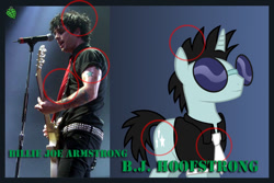 Size: 798x534 | Tagged: safe, neon lights, rising star, human, pony, unicorn, billie joe armstrong, circle, clothes, green day, green day logo, guitar, irl, irl human, male, microphone, musical instrument, necktie, photo, pun, punny name, stallion, sunglasses, tattoo