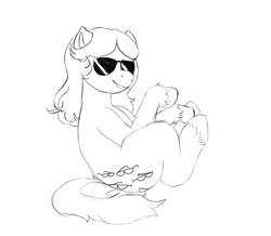 Size: 1089x951 | Tagged: safe, artist:anonymous, artist:happyartfag, shady, earth pony, pony, /mlp/, 4chan, curled up, drawthread, monochrome, smiling, solo, sunglasses