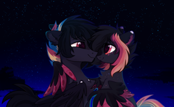 Size: 2549x1568 | Tagged: safe, artist:mirtash, oc, oc only, oc:ayaka, oc:masashi, pegasus, pony, chest fluff, ear fluff, eye contact, female, heart eyes, looking at each other, male, mare, night, rcf community, stallion, stars, wingding eyes