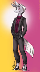 Size: 682x1200 | Tagged: safe, artist:kaemantis, zesty gourmand, anthro, unguligrade anthro, unicorn, clothes, commission, female, hands in pockets, pants, shoes, signature, solo, suit