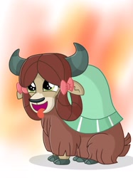 Size: 2048x2732 | Tagged: safe, artist:justsomepainter11, yona, yak, school daze, adorable face, behaving like a dog, bow, cloven hooves, cuddly, cute, cuteness overload, daaaaaaaaaaaw, female, funny, hair bow, huggable, monkey swings, panting, puppy, silly, solo, tongue out, yonadorable