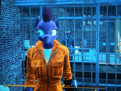 Size: 3264x2448 | Tagged: safe, artist:makarosc, tempest shadow, anthro, 3d, clothes, fallout 4 equestria mod, picture with phone, prison, prison outfit, prisoner