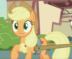 Size: 1148x939 | Tagged: safe, screencap, applejack, earth pony, pony, honest apple, cropped, female, harness, mare, raised hoof, shocked, solo, tack