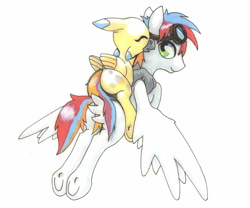 Size: 2516x2092 | Tagged: safe, artist:oddwarg, oc, oc only, oc:oxford nimbus, oc:sulphur nimbus, hippogriff, pegasus, pony, butt feathers, community related, duo, eyes closed, female, flying, flying lesson, folded wings, goggles, hippogriff oc, male, spread wings, stallion, sulphur nimbus, traditional art, underhoof, wings