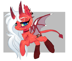 Size: 1070x904 | Tagged: safe, artist:peachesandcreamated, oc, oc only, oc:mayniacal, demon, demon pony, original species, abstract background, amputee, clothes, devil horns, female, makeup, mare, monster mare, smiling, socks, solo, stump