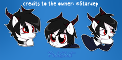 Size: 1006x495 | Tagged: safe, oc, pony, commission, cute, expressions, horns, male, redeyes, solo, sticker