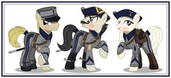 Size: 1280x591 | Tagged: safe, artist:brony-works, earth pony, pony, clothes, facial hair, female, male, mare, moustache, saber, simple background, spurs, stallion, sweden, uniform, weapon, white background