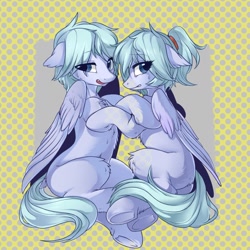 Size: 1280x1280 | Tagged: safe, artist:swaybat, oc, oc only, pegasus, pony, duo, fangs, female, floppy ears, leg fluff, male, mare, ponytail, scar, stallion, sweat