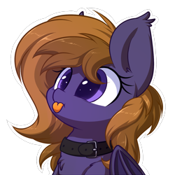 Size: 1280x1280 | Tagged: safe, artist:acersiii, oc, oc:lunar rose, bat pony, :p, bat ears, bat pony oc, bat wings, big eyes, chest fluff, collar, commission, cute, orange mane, purple coat, purple eyes, simple background, tongue out, transparent background, wings