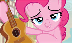 Size: 1556x940 | Tagged: safe, screencap, pinkie pie, earth pony, pony, honest apple, cropped, female, guitar, holding, lidded eyes, looking at you, mare, musical instrument, smiling, solo