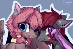 Size: 1280x853 | Tagged: safe, artist:swaybat, oc, oc only, oc:swaybat, bat pony, pegasus, pony, bat pony oc, blue background, bust, choker, colored ears, cute, cute little fangs, duo, ear piercing, earring, fangs, female, floppy ears, hairband, heart, jewelry, looking at you, mare, one eye closed, open mouth, outline, piercing, signature, simple background, slit eyes, smiling, spread wings, wing claws, wings