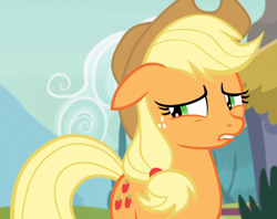 Size: 1182x937 | Tagged: safe, screencap, applejack, earth pony, pony, honest apple, cropped, female, floppy ears, freckles, mare, realization, solo, worried