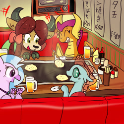 Size: 600x600 | Tagged: safe, artist:kushina13, ocellus, silverstream, smolder, yona, changedling, changeling, dragon, hippogriff, yak, alcohol, beer, eyes closed, female, food, japanese, okonomiyaki