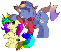 Size: 1280x1091 | Tagged: safe, artist:rainbowtashie, bow hothoof, gentle breeze, igneous rock pie, night light, oc, oc:aerial agriculture, oc:rainbow tashie, alicorn, earth pony, alicorn oc, clothes, commissioner:bigonionbean, female, fusion, fusion:aerial agriculture, hat, male, mare, ruffled hair, simple background, stallion, transparent background, writer:bigonionbean