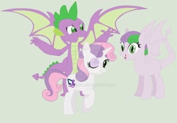 Size: 900x627 | Tagged: safe, artist:teal-quil, spike, sweetie belle, oc, dracony, dragon, hybrid, pony, unicorn, alternate cutie mark, deviantart, deviantart watermark, female, interspecies offspring, male, mare, obtrusive watermark, offspring, older, older spike, older sweetie belle, one eye closed, parent:spike, parent:sweetie belle, parents:spikebelle, shipping, smiling, spikebelle, spread wings, straight, watermark, winged spike, wings, wink