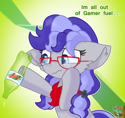 Size: 1410x1339 | Tagged: safe, artist:rainbow eevee, oc, oc only, oc:cinnabyte, earth pony, pony, bandana, beverage, blue eyes, bottle, female, glasses, green background, hoof hold, mountain dew, reference, sad, simple background, soda, solo, underhoof, worried