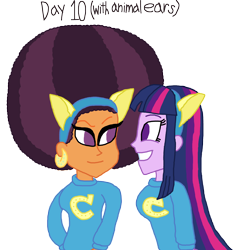 Size: 3000x3207 | Tagged: safe, artist:bigpurplemuppet99, saffron masala, twilight sparkle, equestria girls, 30 day otp challenge, afro, female, lesbian, shipping, twiffron, wondercolt ears, wondercolts uniform