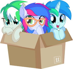 Size: 7312x6969 | Tagged: safe, artist:cyanlightning, oc, oc:azure lightning, oc:cyan lightning, oc:emerald lightning, pegasus, pony, unicorn, .svg available, absurd resolution, blushing, box, brother and sister, clothes, colt, cute, ear fluff, female, filly, glasses, lidded eyes, male, ocbetes, open mouth, pony in a box, scarf, siblings, simple background, smiling, transparent background, trio, vector