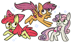 Size: 1000x600 | Tagged: safe, artist:nootnuts, apple bloom, scootaloo, sweetie belle, earth pony, pegasus, pony, unicorn, bow, cutie mark crusaders, female, filly, hair bow, outline, simple background, transparent background, trio