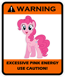 Size: 900x1078 | Tagged: safe, derpibooru import, pinkie pie, earth pony, pony, cute, diapinkes, female, mare, open mouth, raised hoof, simple background, smiling, solo, text, too much pink energy is dangerous, warning, white background