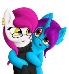 Size: 1500x1600 | Tagged: safe, artist:tunrae, oc, oc:aura flower, oc:silent soundwave, pony, clothes, commission, couple, cute, glasses, hug, lineless, simple background, sweater, transparent background, turtleneck