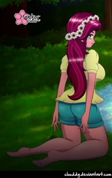 Size: 626x1000 | Tagged: safe, alternate version, artist:clouddg, edit, editor:thomasfan45, gloriosa daisy, equestria girls, legend of everfree, ass, barefoot, beautiful, breasts, busty gloriosa daisy, butt, clothes, feet, female, floral head wreath, flower, flower in hair, forest, glori-ass, grass, hedge, kneeling, legs, looking at you, looking back, looking back at you, outdoors, pond, scenery, sexy, shorts, signature, solo, stupid sexy gloriosa daisy, thighs, water