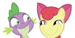 Size: 619x311 | Tagged: safe, artist:queencold, editor:undeadponysoldier, apple bloom, spike, dragon, earth pony, pony, adorable face, adoracreepy, big smile, bow, comparison, creepy, creepy smile, cute, faic, female, filly, happy, imminent sex, looking at each other, male, rapeface, shipping, silly face, simple background, smiling, smirk, spikebloom, straight, wat, white background