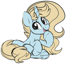 Size: 1024x1009 | Tagged: safe, artist:kellythedrawinguni, oc, oc only, oc:kelly, pony, unicorn, cute, female, grin, hoof on chin, looking at you, mare, ocbetes, open mouth, simple background, smiling, solo, transparent background, underhoof