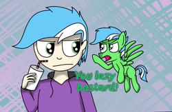 Size: 1280x836 | Tagged: safe, artist:nitro-banana, oc, oc only, oc:nitro banana, human, pegasus, pony, annoyed, drink, drinking, drinking straw, humanized, self ponidox, vulgar