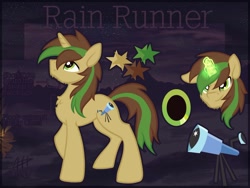 Size: 1600x1201 | Tagged: safe, artist:amura-of-jupiter, oc, oc only, oc:rain runner, earth pony, commission, cutie mark, magic, male, reference sheet, starry sky, stars