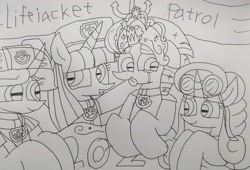 Size: 3265x2222 | Tagged: safe, artist:徐詩珮, fizzlepop berrytwist, glitter drops, spring rain, tempest shadow, twilight sparkle, twilight sparkle (alicorn), alicorn, unicorn, series:sprglitemplight diary, series:sprglitemplight life jacket days, series:springshadowdrops diary, series:springshadowdrops life jacket days, alternate universe, bisexual, broken horn, clothes, crying, equestria girls outfit, female, glitterbetes, glitterlight, glittershadow, horn, lesbian, lifeguard, lifeguard spring rain, paw patrol, polyamory, shipping, sprglitemplight, springbetes, springdrops, springlight, springshadow, springshadowdrops, tempestbetes, tempestlight