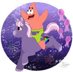 Size: 1985x1965 | Tagged: safe, artist:69beas, oc, oc:pego, jellyfish, pony, unicorn, arms in the air, bubble, clothes, colored hooves, crossover, ear fluff, galloping, happy, male, ocean, patrick star, riding, simple background, smiling, spongebob squarepants, stallion, transparent background
