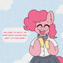 Size: 2000x2000 | Tagged: safe, artist:rigbythememe, pinkie pie, anthro, earth pony, pony, alternate universe, anime, clothes, female, game, pinkamena diane pie, school uniform, schoolgirl, smile.me happiness adventure, solo, video game