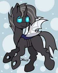 Size: 1280x1600 | Tagged: safe, artist:jellyys, oc, oc only, oc:625, changeling, pony, abstract background, changeling oc, commission, cute, cute little fangs, fangs, male, simple background, smiling, solo