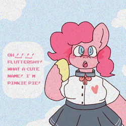 Size: 2000x2000 | Tagged: safe, artist:rigbythememe, pinkie pie, anthro, earth pony, pony, alternate universe, anime, clothes, female, game, pinkamena diane pie, school uniform, schoolgirl, smile.me happiness adventure, solo, video game