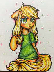 Size: 1620x2160 | Tagged: safe, artist:zefirka, derpibooru import, applejack, earth pony, pony, clothes, female, mare, paper, shirt, solo, traditional art