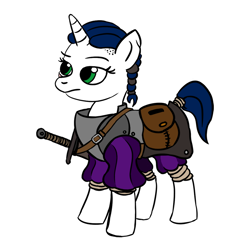 Size: 900x900 | Tagged: safe, artist:velgarn, oc, oc only, pony, unicorn, adventurer, armor, braid, female, mare, rpg, saddle bag, scar, seeds of harmony, simple background, solo, spellsword, sword, weapon, white background