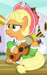 Size: 362x579 | Tagged: safe, derpibooru import, screencap, applejack, earth pony, pony, sparkle's seven, apple chord, cropped, female, freckles, guitar, mare, musical instrument, sitting, solo