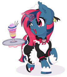 Size: 1616x1874 | Tagged: safe, artist:musicfirewind, oc, oc only, oc:heart tide, pony, unicorn, clothes, cuffs (clothes), cute, female, glowing horn, happy, heart eyes, horn, magic, maid, mare, simple background, telekinesis, transparent background, tray, wingding eyes