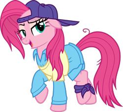 Size: 4500x4080 | Tagged: safe, artist:slb94, pinkie pie, earth pony, pony, alternate hairstyle, backwards ballcap, baseball cap, cap, disguise, female, hat, mare, open mouth, plainity, raised hoof, simple background, solo, transparent background, vector