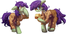 Size: 1024x531 | Tagged: safe, artist:amura-of-jupiter, oc, oc only, earth pony, burlap, clothes, female, glasses, male, pants, shirt, simple background, transparent background, twins